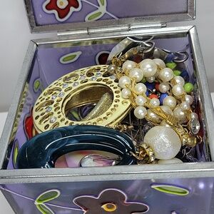 VTG Silver and Purple Jewelry Box with Butterfly Design Filled With Earrings